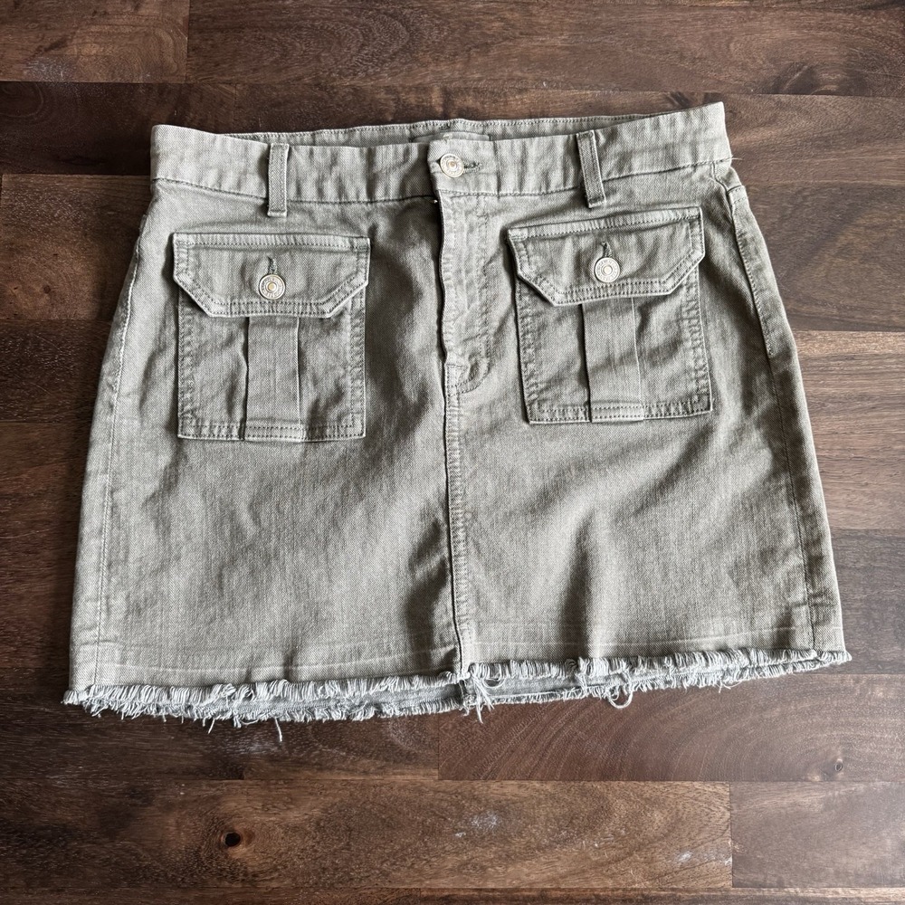 7 for All Mankind Olive Green Women's Denim Mini Skirt Raw Hem Size 29 Y2K Denim